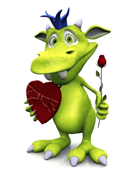 Cute cartoon monster holding rose and chocolate. — Stock Photo, Image