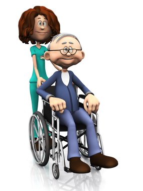 Cartoon nurse helping older man in wheelchair. clipart