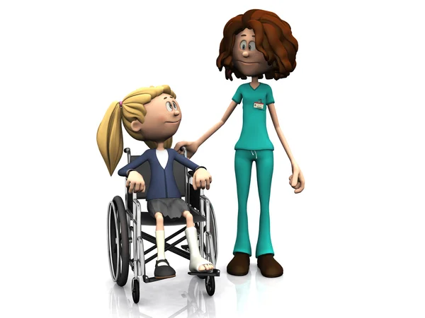 Cartoon pielęgniarki i dziewczyna na wózku inwalidzkim. — Zdjęcie stockowe