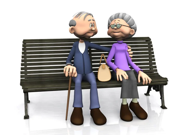 Elderly cartoon couple on bench. — Stock Photo, Image