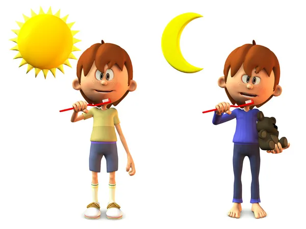 Cartoon boy brushing his teeth in the morning and at night. — Stock Photo, Image