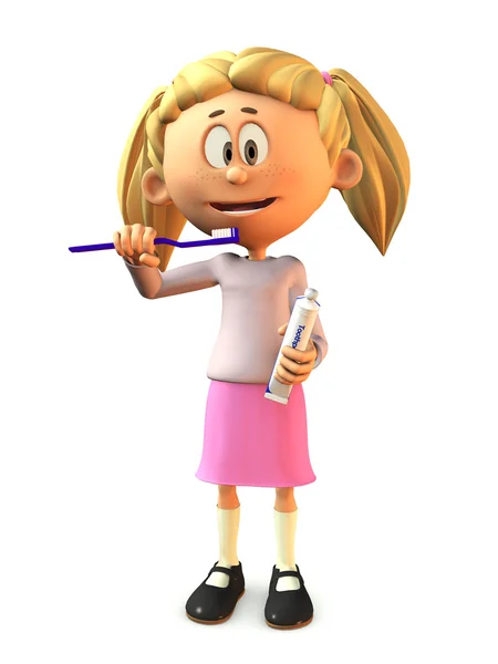 Cartoon girl brushing her teeth. — Stock Photo, Image
