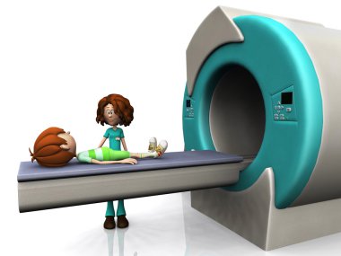 Cartoon boy getting an MRI scan.