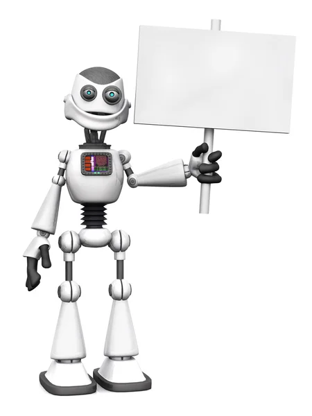 White smiling cartoon robot holding sign. — Stock Photo, Image