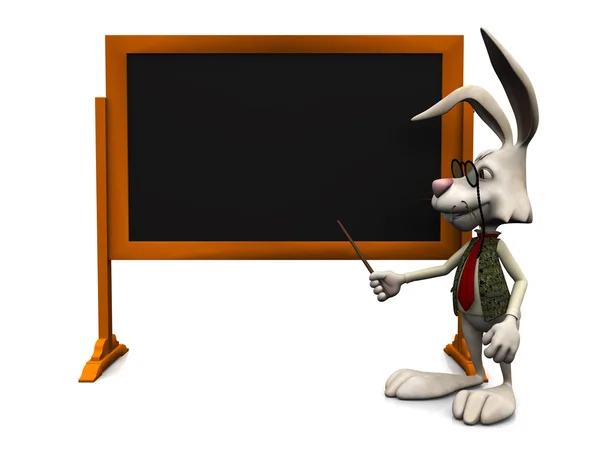 Cartoon rabbit pointing at blank blackboard. — Stock Photo, Image