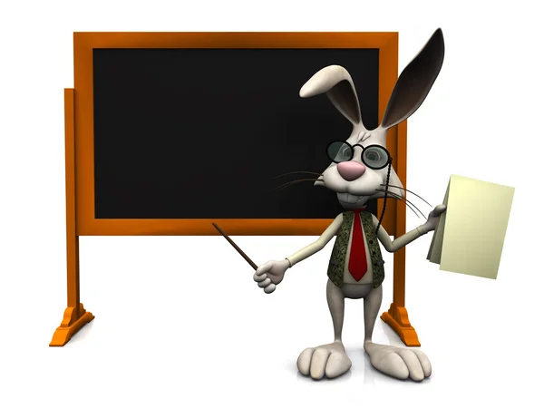 Cartoon rabbit standing in front of blank blackboard. — Stock Photo, Image