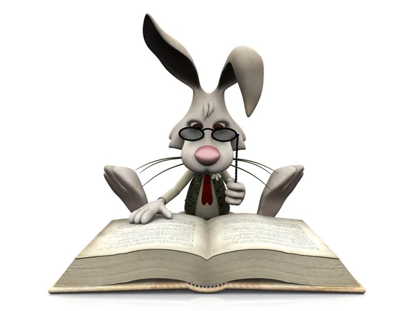 Cartoon rabbit reading big book. — Stock Photo, Image