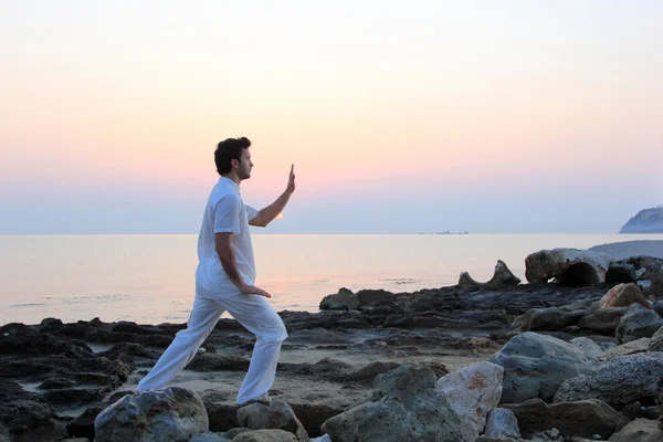 Handsome man practicing thai chi on the beach — Stock Photo, Image