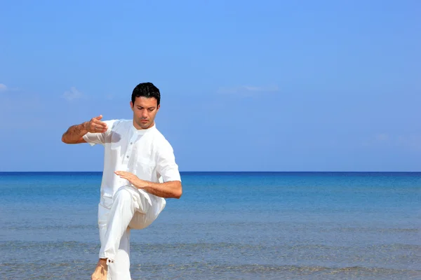 Schöner Mann praktiziert Thai Chi am Strand — Stockfoto