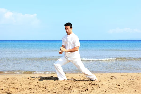 Jóképű férfi gyakorlás a thai chi a strandon — Stock Fotó