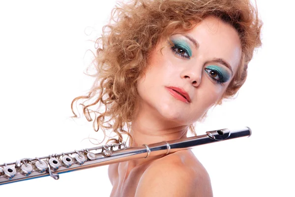 Portrét ženy hraje flétna — Stock fotografie
