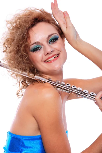 Flüt çalmaya bir kadın portresi — Stok fotoğraf