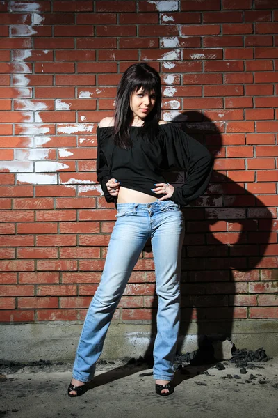 Fashion portrait of young woman with a brick wall — Stock Photo, Image