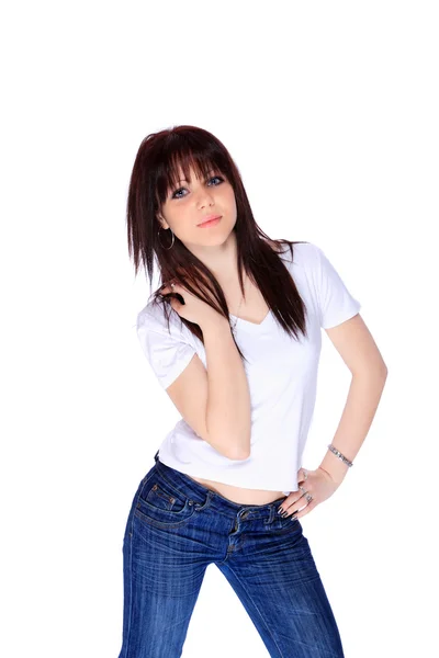 Junge Frau in Jeans und T-Shirt — Stockfoto