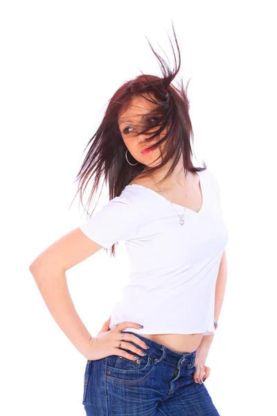 Ung kvinna i jeans och t-shirt — Stockfoto