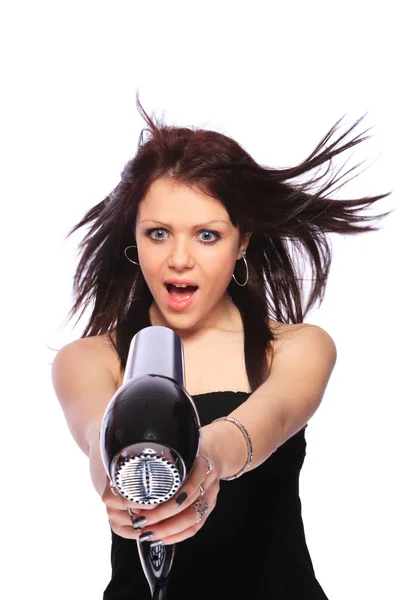 Woman with fashion hairstyle holding hairdryer — Stock Photo, Image