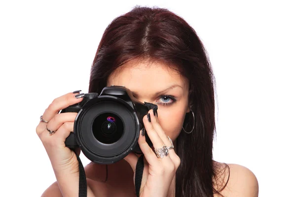 Woman with DSLR isolated — Stock Photo, Image