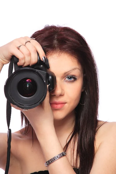 Woman with DSLR isolated — Stock Photo, Image