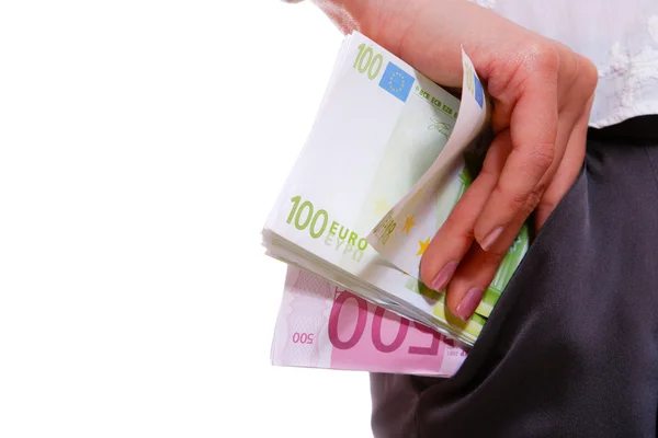 Mujer sosteniendo dinero en euros — Foto de Stock