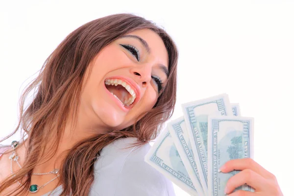 Giovane signora in possesso di contanti e sorridente — Foto Stock