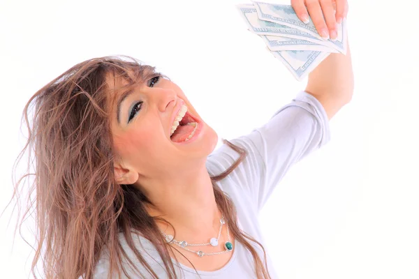 Jovem senhora segurando dinheiro e sorrindo — Fotografia de Stock
