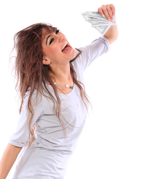 Fiatal hölgy gazdaság készpénz, és mosolyogva — Stock Fotó