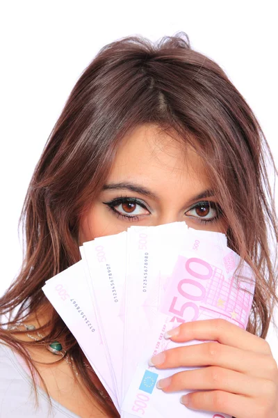 Jovem senhora segurando dinheiro e sorrindo — Fotografia de Stock