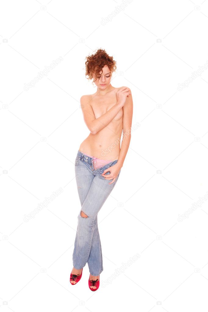 Woman in jeans over white background