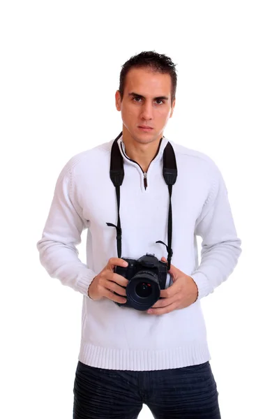 Fotograf młody na białym tle — Zdjęcie stockowe