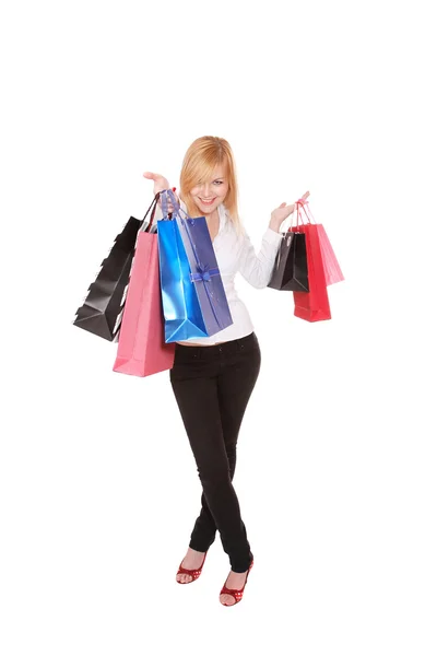 Szczęśliwa kobieta z torbami na zakupy — Zdjęcie stockowe