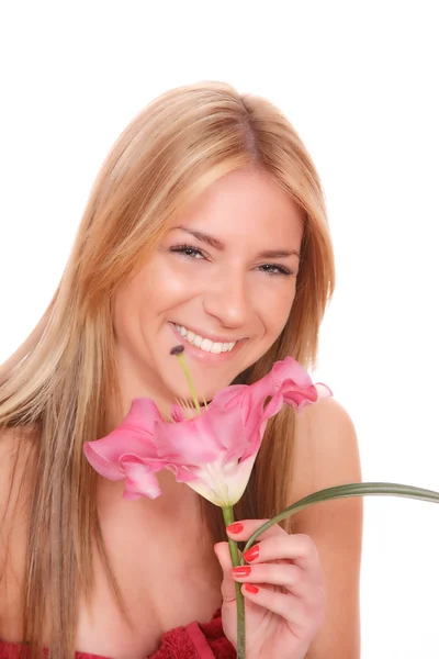 Portrét svěží a krásná žena s květinou — Stock fotografie