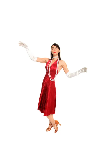 Jonge vrouw in de rode jurk en witte handschoenen — Stockfoto