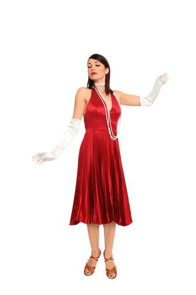 Young woman in red dress and white gloves — Stock Photo, Image