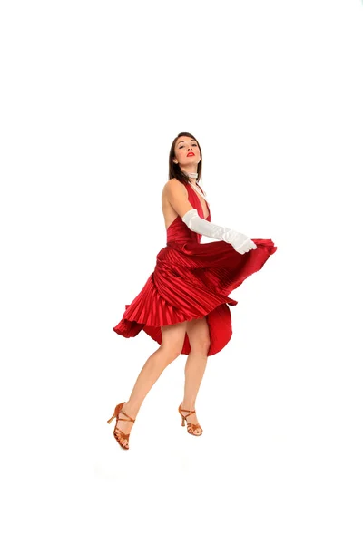 Genç kadın kırmızı elbise ve beyaz eldiven — Stok fotoğraf