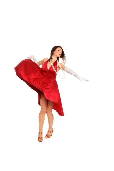 Jeune femme en robe rouge et gants blancs — Photo