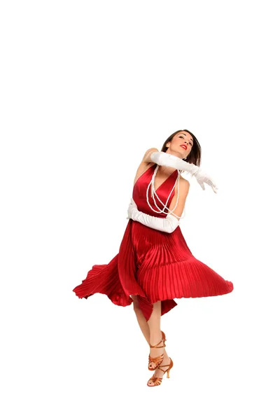 Молода жінка в червоній сукні і білих рукавичках — стокове фото