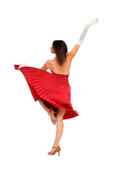 Genç kadın kırmızı elbise ve beyaz eldiven — Stok fotoğraf