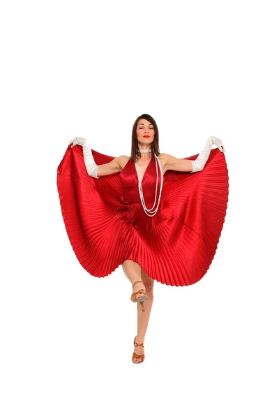 Jovem mulher de vestido vermelho e luvas brancas — Fotografia de Stock
