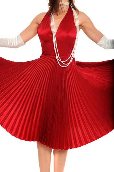 Giovane donna in abito rosso e guanti bianchi — Foto Stock