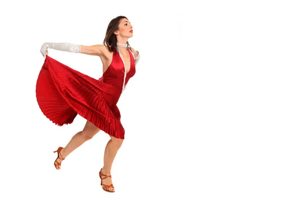 Junge Frau in rotem Kleid und weißen Handschuhen — Stockfoto