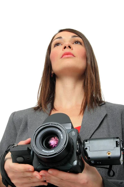 Mujer Con cámara de formato medio — Foto de Stock