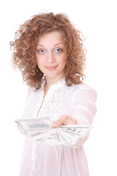 Vrolijke jongedame met contant geld — Stockfoto