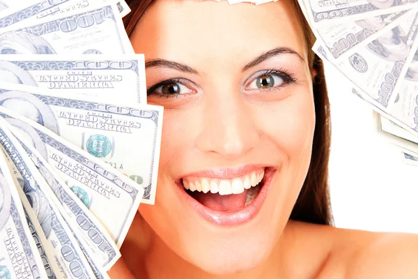 Young happy woman with dollar — Stock Photo, Image