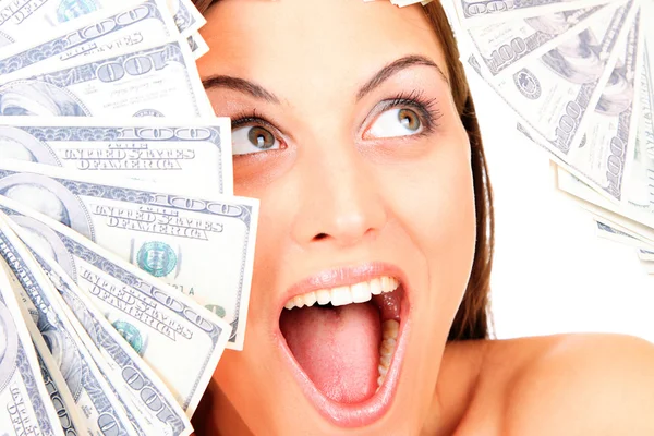 Jovem mulher feliz com dólar — Fotografia de Stock