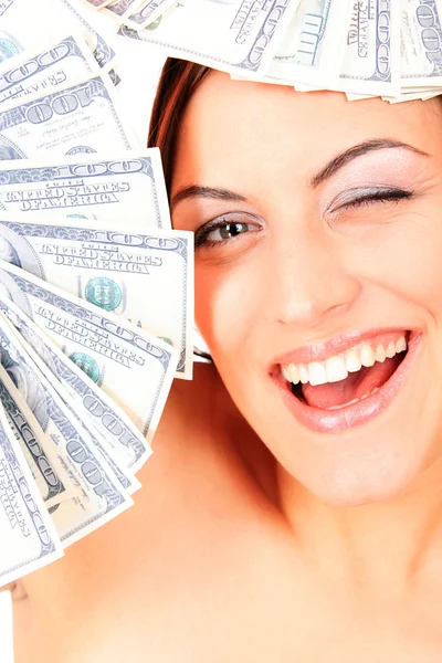Fiatal boldog nő, dollár — Stock Fotó