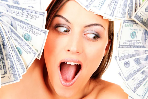 Dolar olan mutlu kadın — Stok fotoğraf