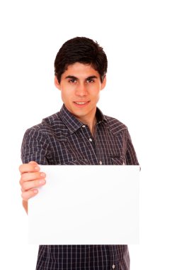 Young casual man holding white sign clipart