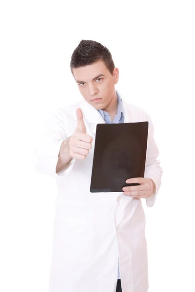 Kaukasiska mitten av vuxna manliga läkare håller upp xrays. — Stockfoto