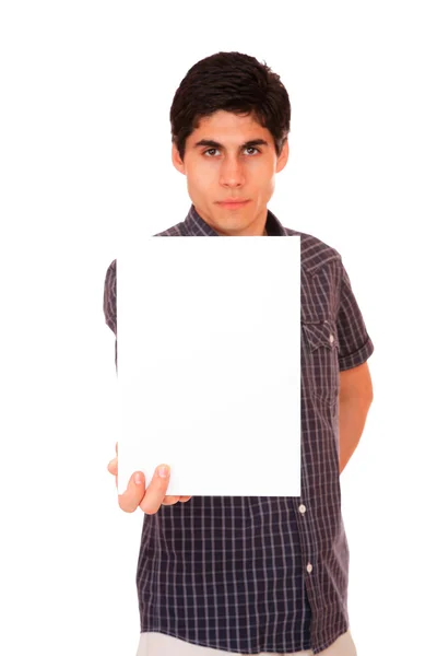 Молодий випадковий чоловік тримає білий знак — стокове фото