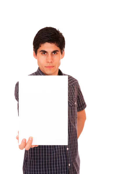 Νέος περιστασιακή άνθρωπος που κρατά το άσπρο σημάδι — Φωτογραφία Αρχείου